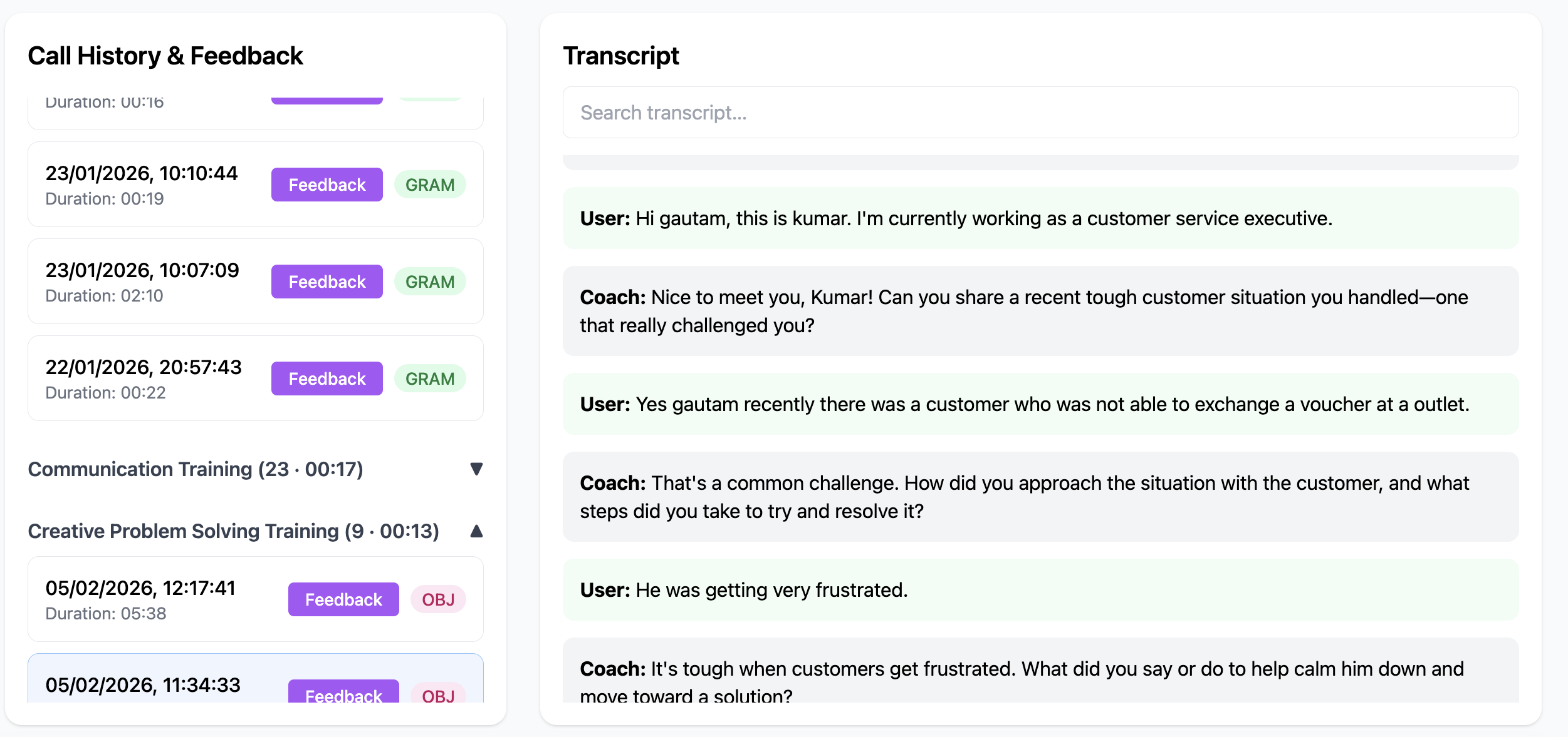 Session History with Transcripts